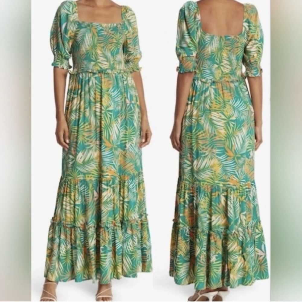 NWT BETSEY JOHNSON Tropical Smocked Green and Yellow Maxi Dress